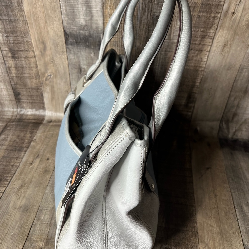 TIGNANELLO Silver Blue Colorblock Leather Satchel Shoulder Bag Belt Accents - Picture 10 of 16